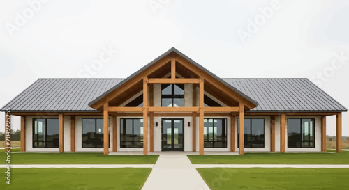 Modern architectural design of a large single-story house with a prominent gabled roof and exposed wooden beams