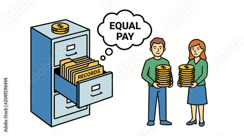 Fotografie Illustration of a man and woman holding equal stacks of coins, representing equal pay, gender equality in the workplace, fair compensation, and corporate records concept