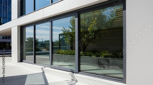 Modern grey frame sliding glass doors on white building exterior. Seamless transition from interior to exterior space with green plants. Contemporary architecture for home or office.