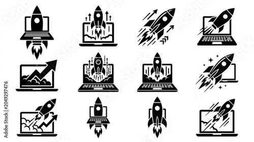 Laptop computers launching rockets symbolizing business growth