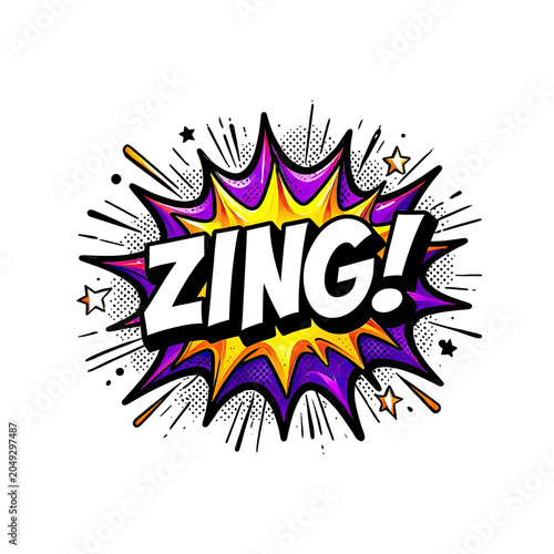 Vibrant comic style explosion text design with dynamic energy and bold zing sound effect for creative projects and digital media