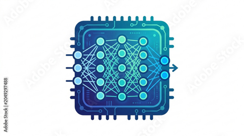 Neural network icon with interconnected nodes and circuit board design for machine learning