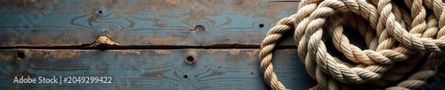 Coiled nautical rope against rustic wood planks , thick, braided
