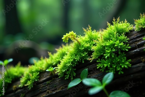 Deep emerald moss flourishing on decaying timber , rustic, wooden background