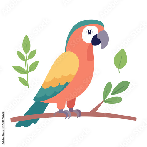 Flat design parrot perched on a branch with leaves