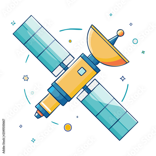 Flat design satellite with solar panels and antenna