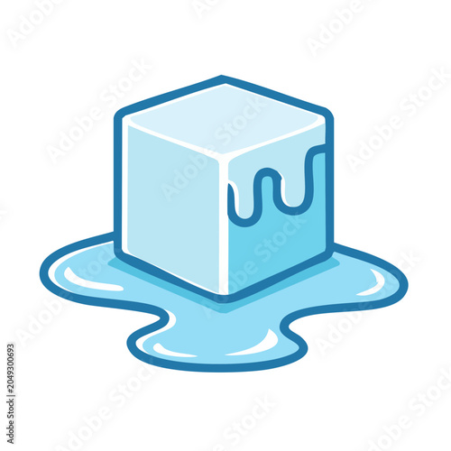 Melting ice cube icon with water puddle