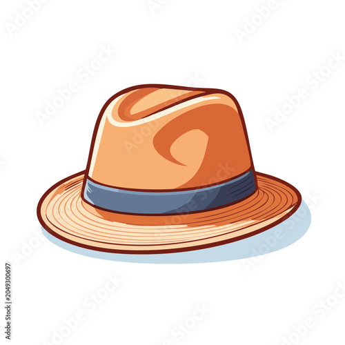 Orange fedora hat with blue band, flat design illustration