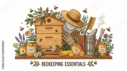 Fotografie Beekeeper tools and honey production equipment.