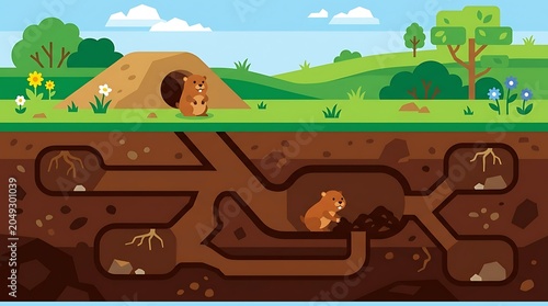 Gopher vector showing underground tunnel system and nature scene