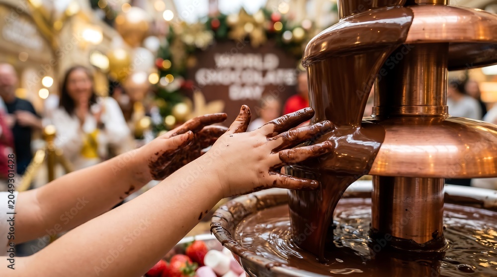 Obraz premium Hands dipping into chocolate fountain dessert.