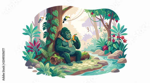 Tableau sur toile Bigfoot sitting by jungle stream.