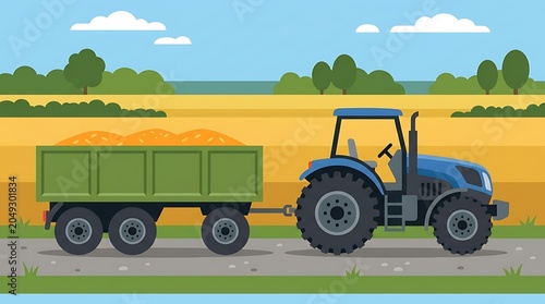 Blue tractor and trailer vector illustration in farm field