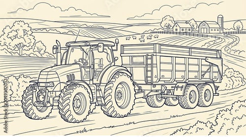Modern tractor and trailer vector driving through a farm field