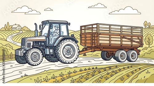 Agricultural tractor and trailer vector driving on a country road