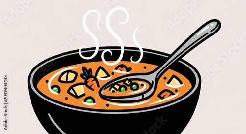Obraz na plátně Hot steaming bowl of vegetable soup with spoon.