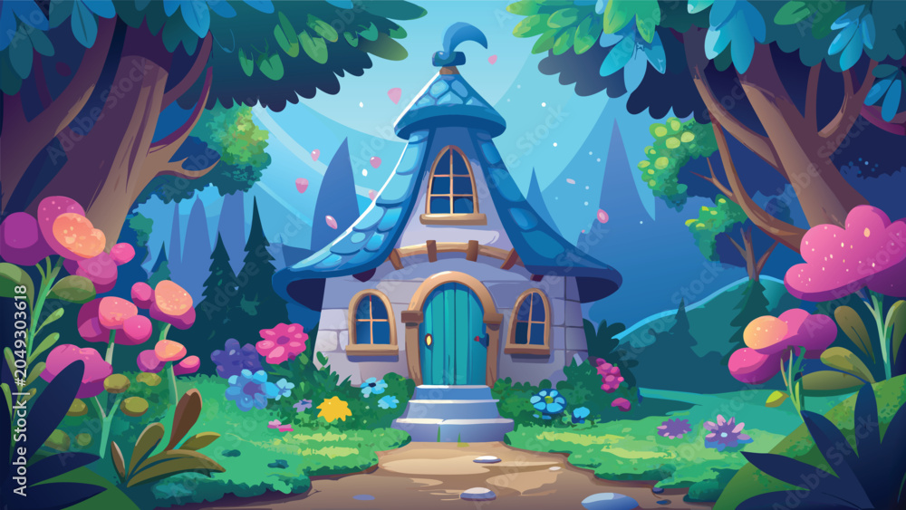 Naklejka premium Whimsical fairytale cottage nestled in a vibrant enchanted forest with blooming flowers and glowing magical light