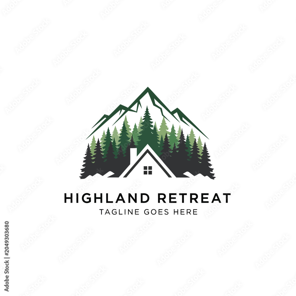 Fototapeta premium Serene cabin and mountain landscape logo ideal for real estate, travel, or lodging.