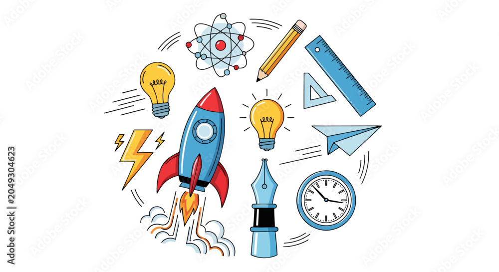 Fototapeta premium Playful science and technology doodles featuring rockets, orbit, lightbulbs, and diagrams in a colorful exploratory illustration.