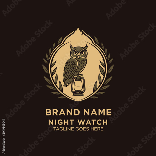 Tableau sur toile Detailed owl perched on a lantern inside a laurel wreath, representing wisdom and watchfulness for security firms or heritage brands
