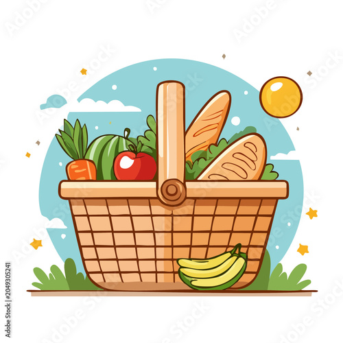 Illustration of a picnic basket filled with food and fruit