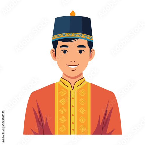 Man in Traditional Orange and Blue Outfit with Hat