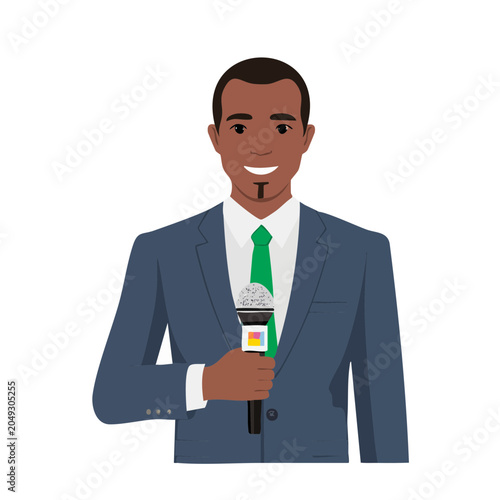 Man in suit holding a microphone, flat design illustration