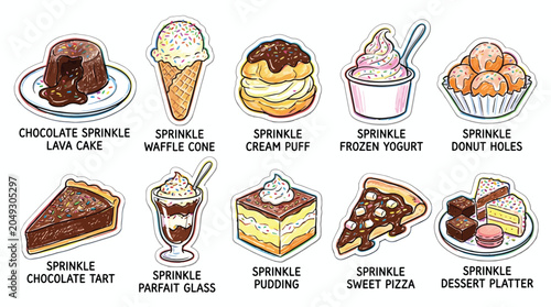 Foto A colorful collection of delicious baked goods and desserts, including lava cake, ice cream, cream puffs, and tarts, all decorated with sprinkles