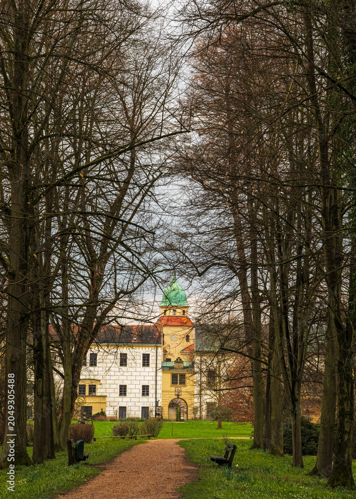 Fototapeta premium Lány Chateau park reflecting historic Czech Republic architecture
