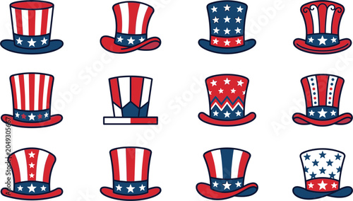 Fotografie Patriotic American flag Uncle Sam hat icon set, 4th of July independence day vec