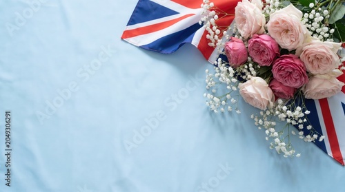 Pink roses and babys breath flowers with a united kingdom flag on blue background