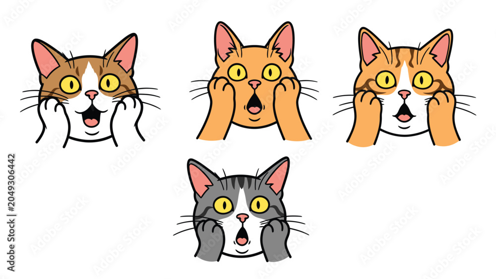 Fototapeta premium Four cartoon cats with surprised and shocked expressions, holding their paws to their faces.