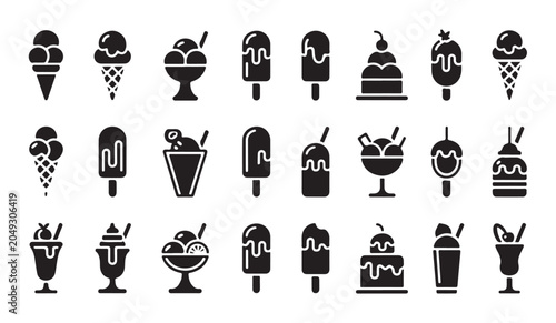Tableau sur toile Ice cream icon set with various flavors in cones bowls and popsicles for dessert design