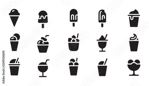 Obraz na plátně Variety of frozen desserts like ice cream cones sundaes popsicles and shakes in black icons