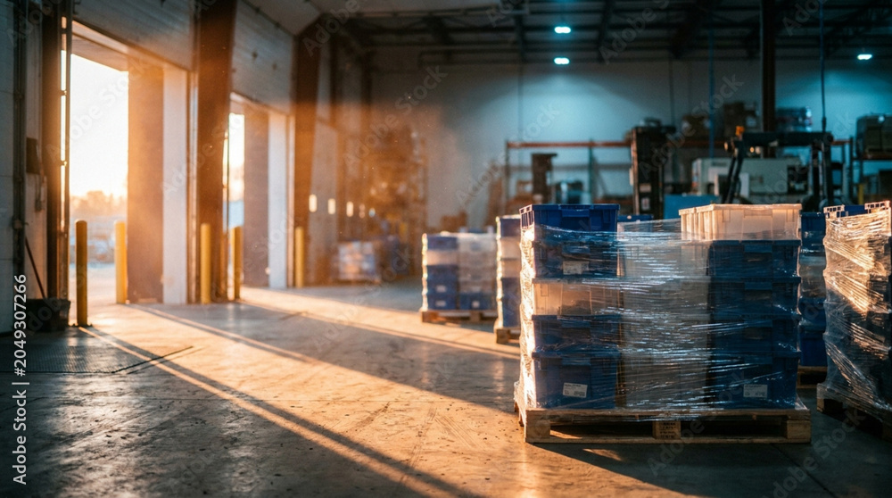 Obraz premium Spacious warehouse interior featuring stacks of plastic containers secured with industrial stretch film on wooden pallets under warm sunset light streaming through open doors.