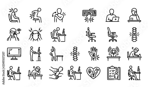 Bild auf Leinwand Office Syndrome Thin Line Icons Set with Workplace Health Problems and Ergonomic