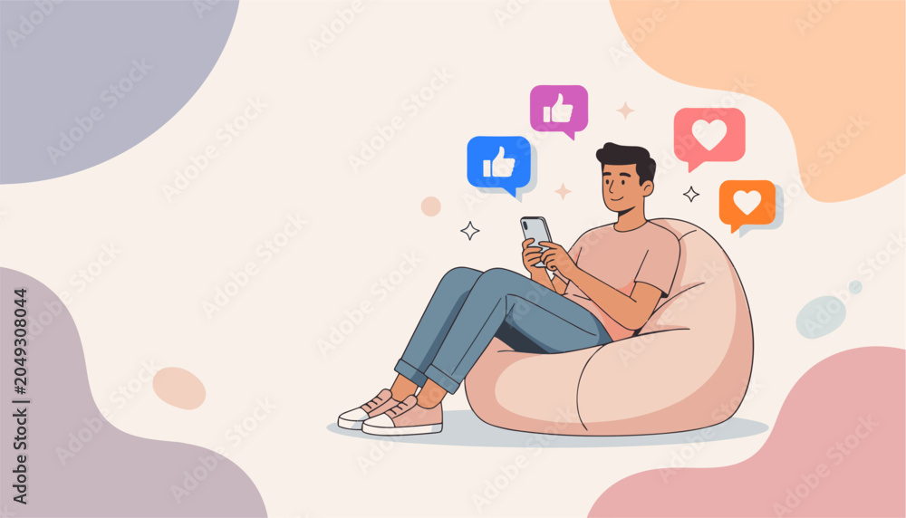 Obraz premium Minimalist Illustration of Young Man Relaxing on Bean Bag Using Smartphone with Social Media Icons