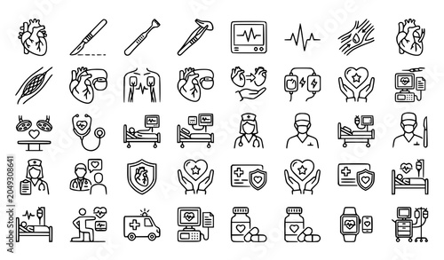 Bild auf Leinwand Medical Cardiology and Heart Surgery Thin Line Icons Editable Stroke Cardiovascu