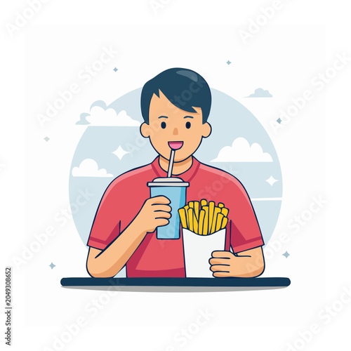 Man drinking a beverage and eating french fries