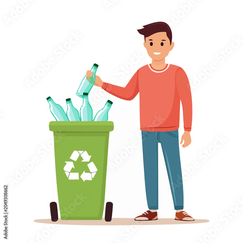 Man recycling glass bottles into a green bin
