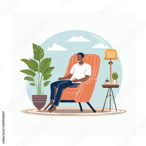 Man relaxing in an armchair at home with a plant and lamp