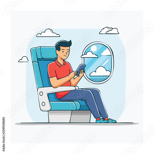 Man using tablet while sitting in airplane seat