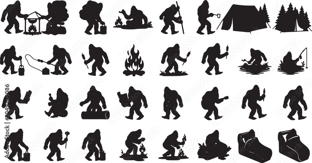 Obraz premium Bigfoot Camping Adventure Silhouettes in Black and White Line Art Style