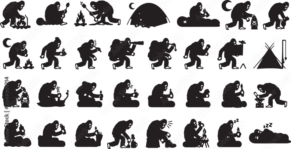 Fototapeta premium Bigfoot Night Camping Routine Silhouettes Vector Icon Set Line Art