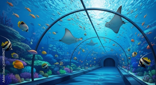 Brightly colored digital painting of a luminous aquarium tunnel featuring schools of tropical fish and rays swimming over a glass corridor, rays, bright, artistic