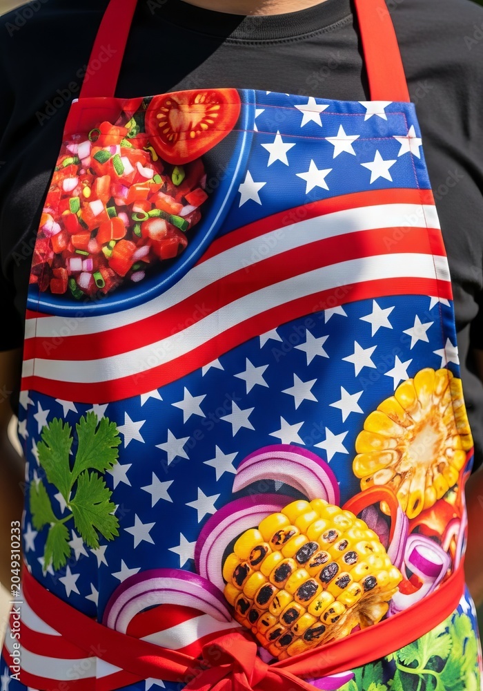 Obraz premium A colorful festive apron featuring a stars and stripes pattern is used for serving grilled food during a sunny outdoor celebration at home, lifestyle, plates, hospitality