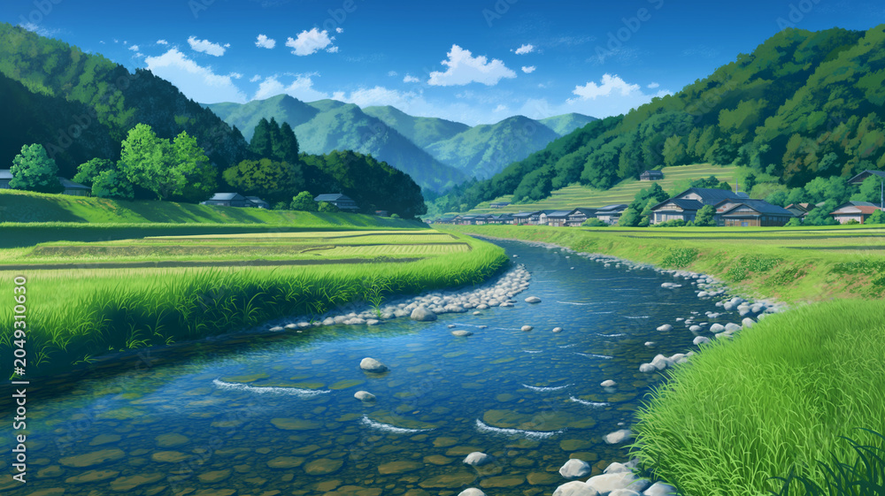 Obraz premium 日本の田舎に広がる田園と曲がりくねる川を描いた自然風景イラスト、農村、里山、集落、民家、水辺、清流、河原、田畑、森林、木々、空、雲、四季、のどか、癒し、郷愁、静寂、穏やか、旅情、観光、旅行、地方、暮らし、環境、自然美、風景素材、背景、壁紙、ポスター、バナー、広告、挿絵、コピースペース、手描き風、アニメ風景、日本風景、川辺、水面、爽快感、日本情緒、癒しの景観、のどかな景観、穏やかな時間、四季の移ろい