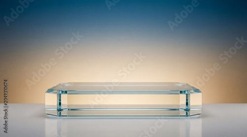 A glass transparent podium in rectangle shape for product advertising stage background platform or empty luxury pedestal exhibition scene. Gradient background