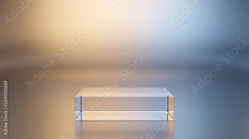 A glass transparent podium in rectangle shape for product advertising stage background platform or empty luxury pedestal exhibition scene. Gradient background