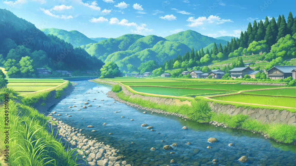 Obraz premium 日本の農村を流れる澄んだ川と穏やかな自然を描いた風景イラスト、田舎、里山、田園、集落、民家、渓流、水辺、河原、田畑、森林、木々、空、雲、四季、癒し、郷愁、静寂、旅情、観光、旅行、地方、暮らし、自然美、風景素材、背景、壁紙、ポスター、バナー、広告、挿絵、コピースペース、手描き風、アニメ風景、日本風景、川辺、透明感、爽快感、自然素材、環境、季節感、安らぎ、情緒、のどかな景観、穏やかな時間、四季の移ろい